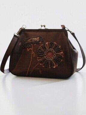 Vintage Talbots Brown Silk Beaded Floral Kiss Clasp Evening Bag